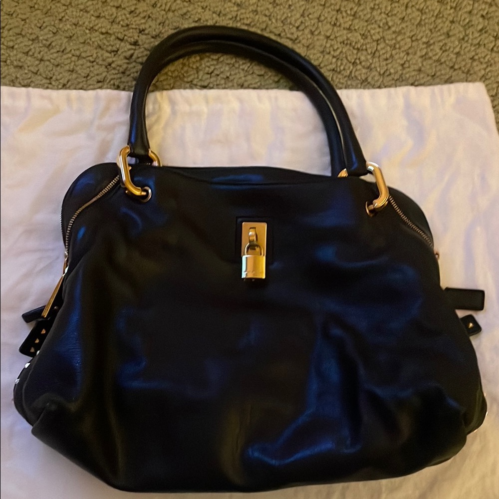 MARC JACOBS Padlock Studded Black Leather Shoulder Tote Bag